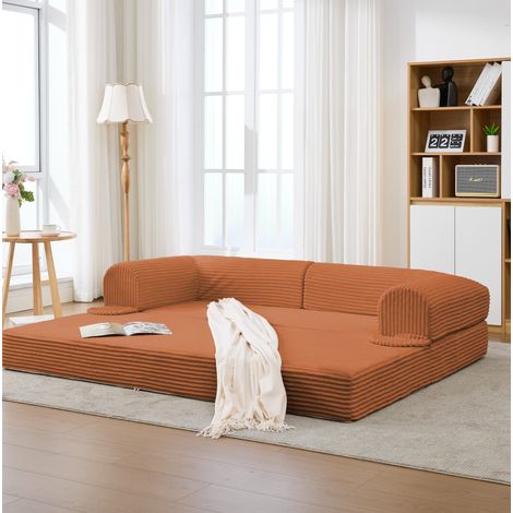 Canapé-lit 2 places convertible orange en tissu côtelé, format gain de place, 190x78x65 cm (1/5)