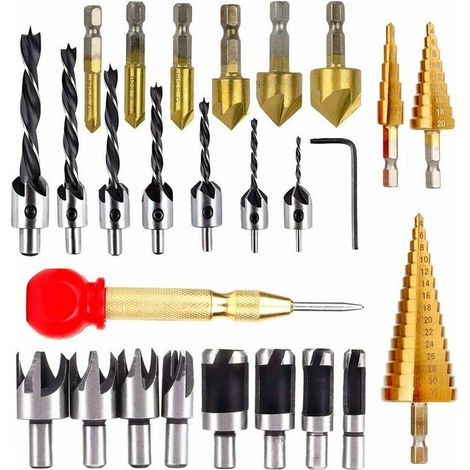 26 utensili per la foratura del legno, tra cui 6 punte per trapano a svasatura, 7 punte per trapano a tre punte con chiave a L, 8 frese per tasselli in legno, punte per trapano a 3 fasi e punte per tr (1/5)