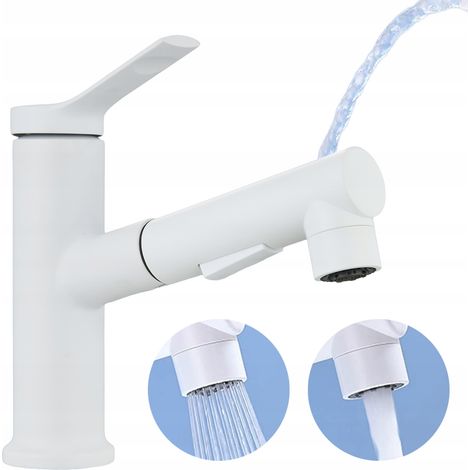 Rubinetto per lavabo moderno, bianco, a 3 funzioni, con doccetta estraibile. (1/5)