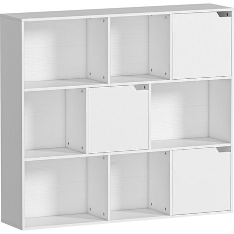 Bibliothèque à 9 cubes avec 3 portes et 6 étagères ouvertes, en panneaux de particules blanc, pour salon ou chambre (1/5)