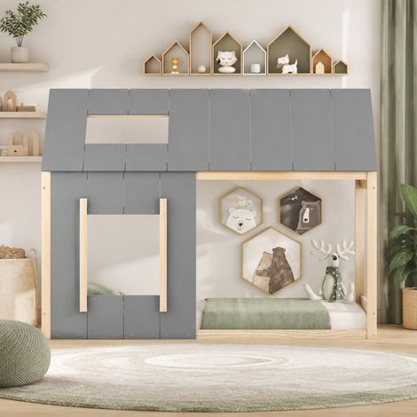 Letto cabana bimbi 90x200 cm in legno naturale-grigio, tetto, cameretta, senza materasso FloraGrace (1/5)