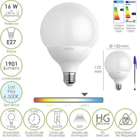 Bombilla Led Globo Rosca E27. 16 Watt. Equivale A 130 Watt. 1901 Lumenes. Luz Fria 6500º K.