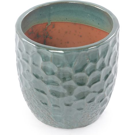 Set di 4 vasi in ceramica smaltata verde scuro con rilievo a martello, con fori di drenaggio (1/5)