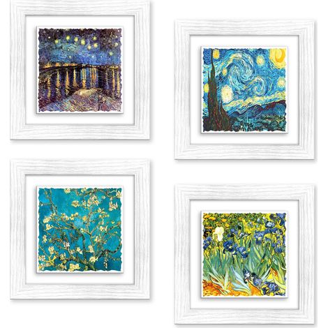 Lupia - Set di 4 Quadri su Ceramica VAN GOGH, Stampa a Rilievo Colori Vividi, Cornice Shabby bianca in Legno, Decorazione Creativa per Casa e Ufficio, 18x18 cm o 29x29 cm, Made in Italy 18x18 cm (1/4)