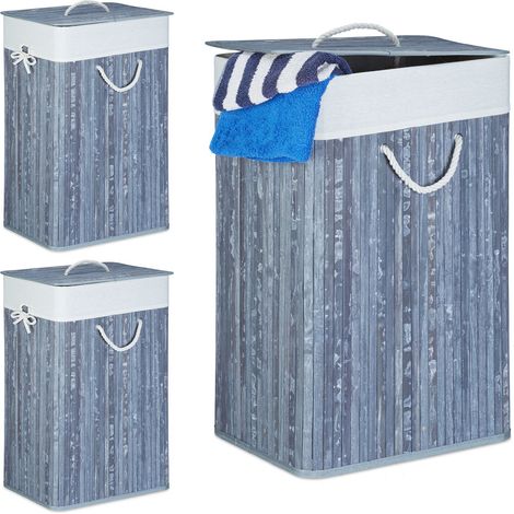 Relaxdays, Set 3x Bamboo Laundry Basket, with Lid, Rectangular, XL, 83L, Foldable Bin, HWD: 65.5 x 43.5 x 33.5cm, Grey
