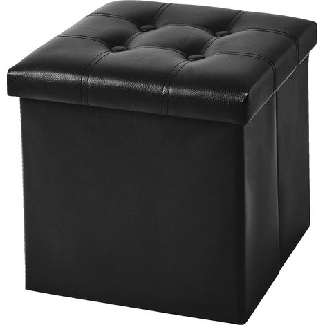 Pouf Contenitore In 2 Misure Medio 38x38 - Grande 50x50 Quadrato Portaoggetti In Ecopelle Poggiapiedi Salotto Sgabello Pouff Camera Design Con Coperchio Nero - 38x38x38