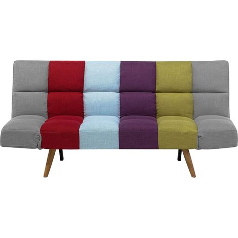 Sofá cama tapizado en tela multicolor patchwork 3 plazas respaldo reclinable cuadrado acolchado Ingaro