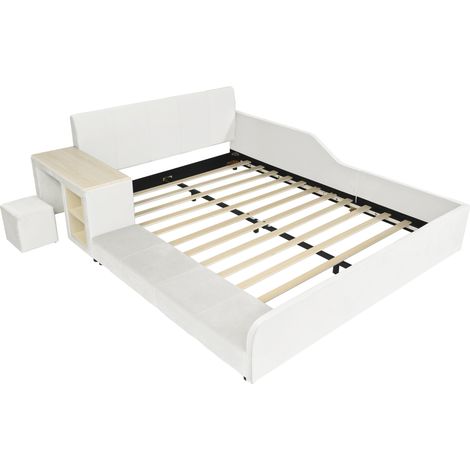 Lit enfant rembourré 140x200 cm avec bureau, tabouret et étagère, velours blanc MODENUIT (1/5)
