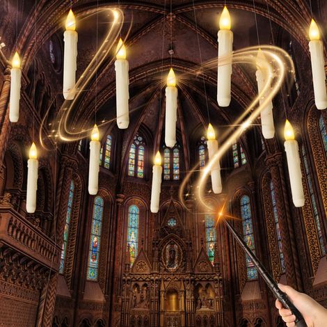12 Bougies flottantes avec télécommande baguette magique, 17cm Bougies volantes, Bougies LED Magiques Suspendues à Piles avec Flamme Vacillante pour Décorations de Halloween, Noël et Mariage (1/5)