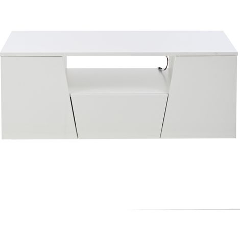 Mesa de centro 100x50x40 cm con LED, blanco brillo, 2 compartimentos y 1 cajón (1/5)