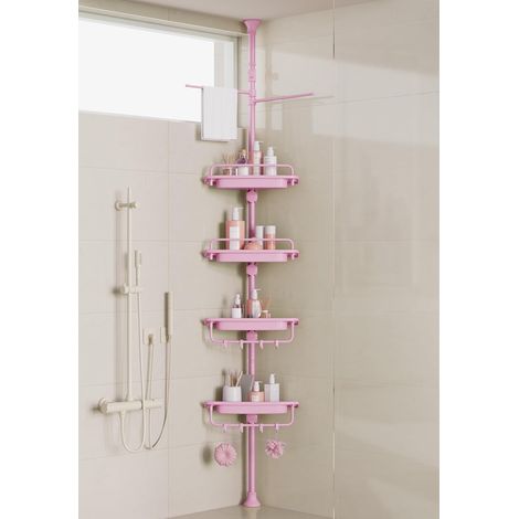 Étagère de Douche d'angle sur Poteau Extensible de 81 à 310 cm, antirouille et sans perçage, Organiseur réglable avec 4 étagères Stables et Porte-Serviettes, Rose (1/5)