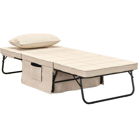 HOMCOM sofá cama de 1 plaza 4 en 1, sillón cama tapizado en lino, con respaldo ajustable de 5 niveles, almohada acolchada, 75x80x74 cm, crema (1/5)