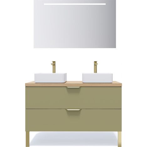 Meuble de salle de bain suspendu 2 vasques à poser 120cm 2 tiroirs Vert olive + miroir - Venice (1/5)