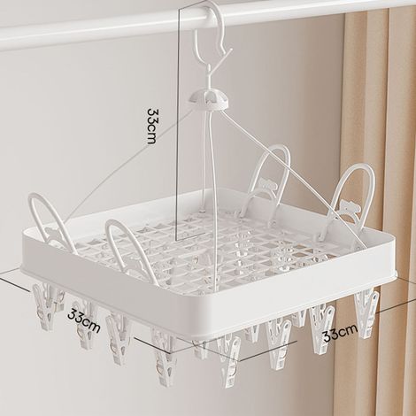 Étendoir à chaussettes pliable à pinces, multifonctionnel, pour sécher chaussettes, serviettes, sous-vêtements et vêtements de bébé. Blanc carré, 24 pinces, 33 x 33 x 33 cm. (1/2)