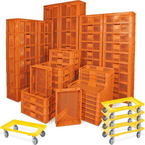 BRB 78 Stück Stapelkörbe/Bäckerkästen in 5 Größen, Grundmaß LxB 600x400 mm, H 90 mm, 150 mm, 240 mm, 320 mm, 410 mm, + 5x Transportroller gelb (orange)