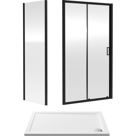 Balterley Sliding Shower Suite with 6mm Safety Glass Door, Side Panel & 1200 x 760mm Shower Tray in Matt Black Frame (1/3)
