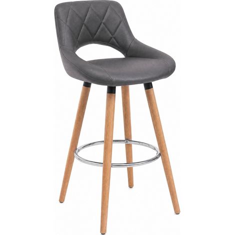 Tabouret de bar gris en cuir régénéré avec dossier, assise ergonomique et pieds en bois, confortable et stable pour cuisine, bistrot ou commerce CHICFURN (1/5)