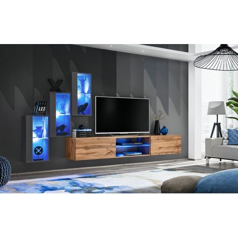 Ensemble meuble TV mural Switch XXII - L 240 x P 40 x H 170 cm - Gris et marron - Livraison gratuite