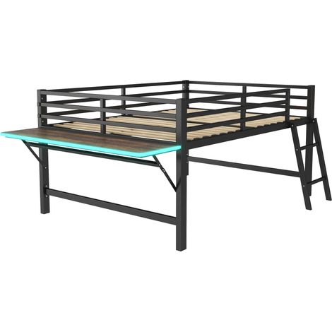 Cama alta de metal 140 x 200 cm negra con escritorio plegable, escalera, barandillas y LED (1/5)