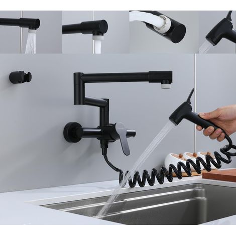 Robinet de cuisine, à ressort, en laiton brossé, rotatif à 360°, tête de pulvérisation à tirette et mélangeur avec 2 sorties (jet et pulvérisation), haute pression, nickel brossé (1/5)