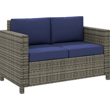 Navy Blue Rattan Sofa for Patio,2-Seater Wicker Loveseat with Soft Cushions and Armrests,Stylish Garden Furniture for Outdoor Relaxation