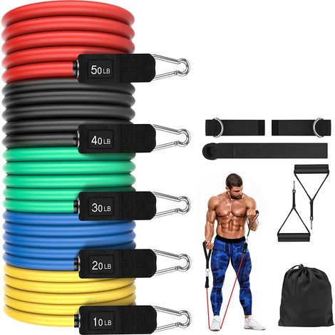 Ensemble de 12 bandes de résistance, bandes d'exercice pour hommes et femmes, bandes de musculation avec ancrage de porte, poignées, sac de transport, sangles de cheville pour l'entraînement, la physi (1/5)