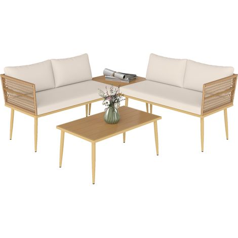 Set Salotto da Esterno in Rattan PE con 2 Divani a 2 Posti con Cuscini e 2 Tavoli da Caffè, Colore Legno