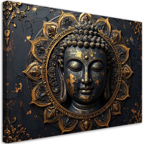 Tableau déco Mandala Bouddha Zen Spa noir et or 90x60 (1/4)