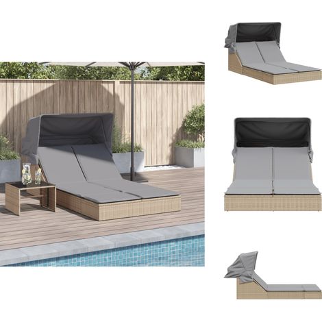 Chaise longue double avec auvent et coussins beige poly rotin - Chaises Longues - Chaises Longues Doubles - Transats - Lit De Bronzage - Mobilier De Jardin (1/5)