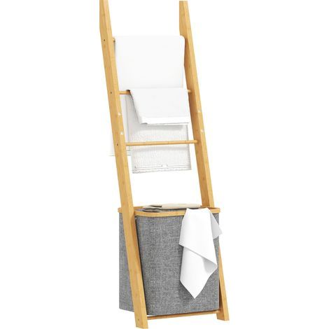 Toallero de bambú con cesta para la ropa sucia, escalera toallera con 1 cesta, 43 x 35 x 133 cm, gris (1/5)