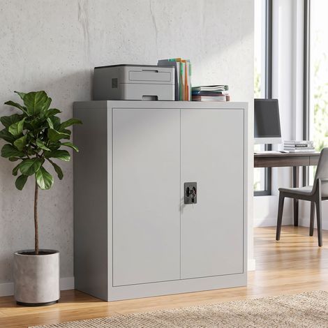 Armoire Bureau Métallique 80x40x92,5 cm, Acier Serrure, Étagère Réglable, Gris (1/5)