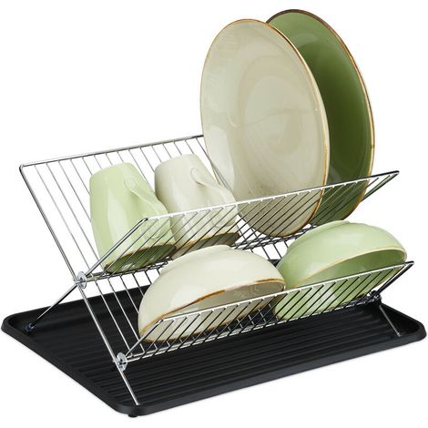 Égouttoir avec bac d'égouttage, panier à couverts métal de cuisine, égouttoir à vaisselle, noir, pliable (1/4)
