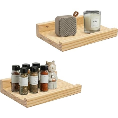 Petites étagères décoratives, mini étagères murales flottantes en bois pour enceintes connectées WiFi et objets de collection, étagères pour sauna, bois, fixation murale, 15 x 30 cm, lot de 2 (1/4)