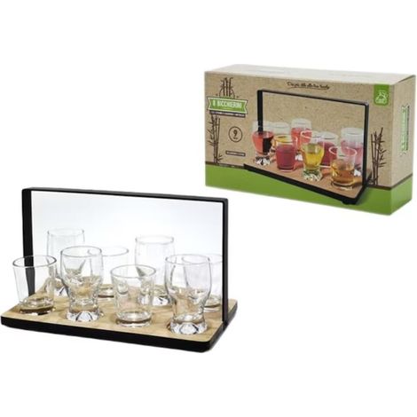 TRADE SHOP - Set 9pz Di 8 Bicchierini Da Shot In Vetro Con Vassoio Portata In Legno Supporto In Metallo - (1/2)