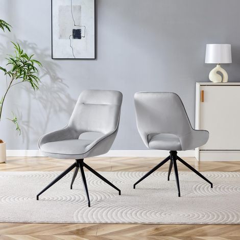 [Lot de 2] Chaise de salle à manger pivotante à 360° en tissu velours gris clair : Cadre en métal laqué noir à quatre pieds, tissu velours respirant gris clair, convient aux salles à manger modernes. (1/5)