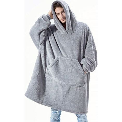Sweat Plaid a Capuche Adulte Plaid Polaire avec Manche Femme Homme Couverture à Capuche avec Manche Poches Portables, Plaid Pull Couverture Canape TV Hiver, 95x85 cm Gris (1/5)