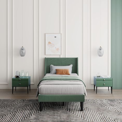 3FT Dark Green Velvet Upholstered Single Bed with Winged Headboard and Wood Slat Support