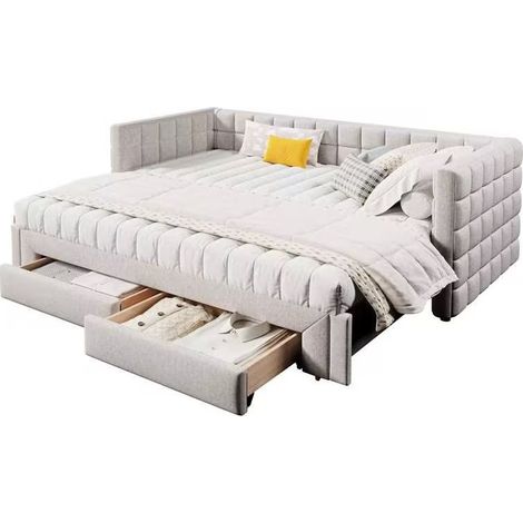 Lit de jour convertible 90 x 200 cm en velours beige, avec dossier carré et 2 tiroirs de rangement, canapé-lit extensible pour chambre ou salon CHICFURN (1/5)