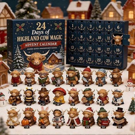 1 ensembleCalendrier de l'Avent magique de Noël avec des vaches des Highlands, 24 adorables mini-statues de vaches, décoration de Noël en boîte surprise, joli cadeau à poser sur la table (1/5)