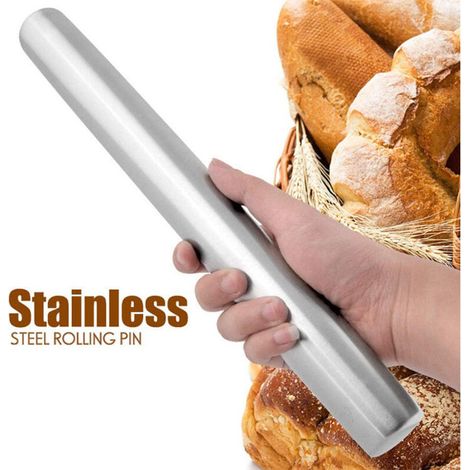 Mattarello liscio in acciaio inox, ideale per pasta di zucchero, crostate, biscotti, pasticcini, pizza (1/3)