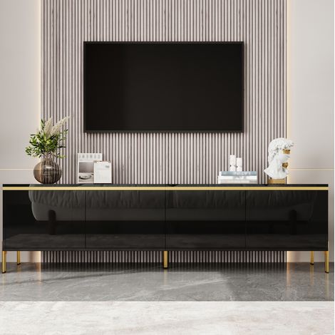 Mueble TV brillo alto 170 x 38 x 50 cm, 4 puertas, pasacables, negro DESVIAE (1/5)