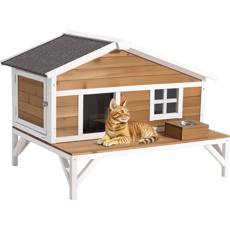 VEVOR Maison Chat Surelevee, 110,5x85,3x78,7 cm, Niche Chat Exterieur Isolation en Mousse, Abri en Bois avec Grande Plateforme, Toit en Asphalte, pour Chats Sauvages deInterieur deExterieur en Hiver