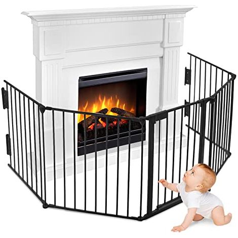 Kaminschutzgitter 300cm Kinderschutzgitter ohne Bohren Ofenschutzgitter mit Tür Faltbar Laufgitter 5 Elemente Schutzgitter Metall Baby Ofengitter Kinderschutz, Schwarz NAIZY (1/5)
