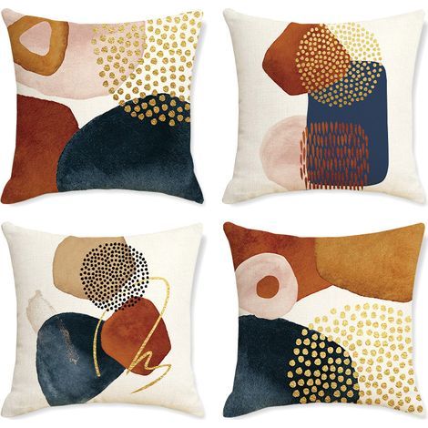 Housses de coussin en lin lot de 4 – 45x45 cm – Fermeture éclair dissimulée – Design abstrait géométrique pour décoration intérieure (1/5)