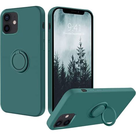 Hülle für iPhone 12/12 Pro, grüne Silikonrückseite, mit Ring und Trageband