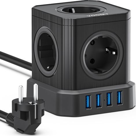 Multiprise Cube 9-en-1 avec USB, 5 Prises avec 4 Ports USB, Prise avec Interrupteur, Parasurtenseur avec Interrupteur et Cable 2M, Rallonge Multiprise 2500W, Noir (1/5)