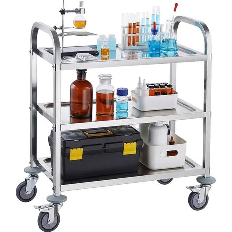 Carrello da laboratorio, in acciaio inox, a 3 ripiani, colore argento. (1/2)