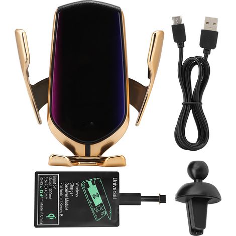 Chargeur Sans Fil Voiture 10W avec Pince Automatique Doré (Adaptateur USB-C Android) (1/5)