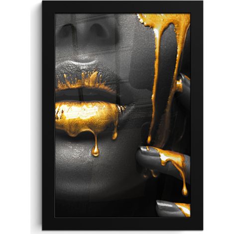 AFFICHE ENCADRÉE Femme - Noir - Or - Visage - Lèvres Décoration Salon 20x30 (1/5)