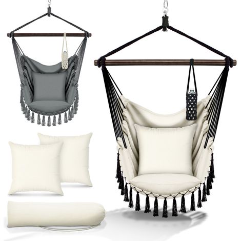 tillvex Hängesessel Beige 2 Kissen zum Aufhängen Hängestuhl mit Getränkehalter & Bücherfach Hängesitz wetterfest - Indoor & Outdoor Hängekorb mit Tragetasche für Erwachsene & Kinder